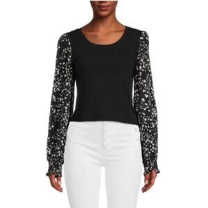 DKNY Women's Star Print Blouse Top XL Black Ribbed Knit Long Sleeve Career NWT